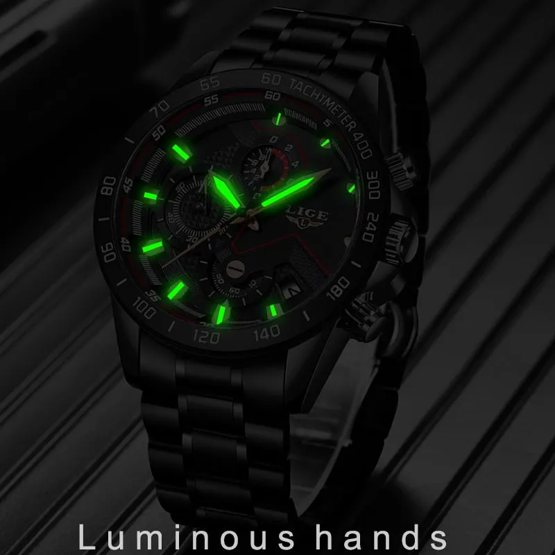2020 LIGE Fashion Mens Watches Stainless Steel Top Brand Luxury Sport Chronograph Quartz Watch Men Black Watch Relogio Masculino