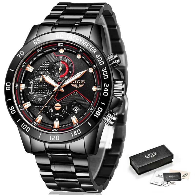 2020 LIGE Fashion Mens Watches Stainless Steel Top Brand Luxury Sport Chronograph Quartz Watch Men Black Watch Relogio Masculino