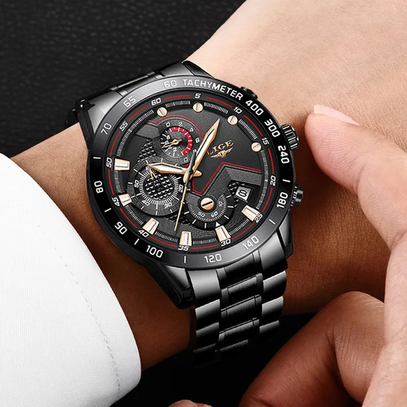2020 LIGE Fashion Mens Watches Stainless Steel Top Brand Luxury Sport Chronograph Quartz Watch Men Black Watch Relogio Masculino