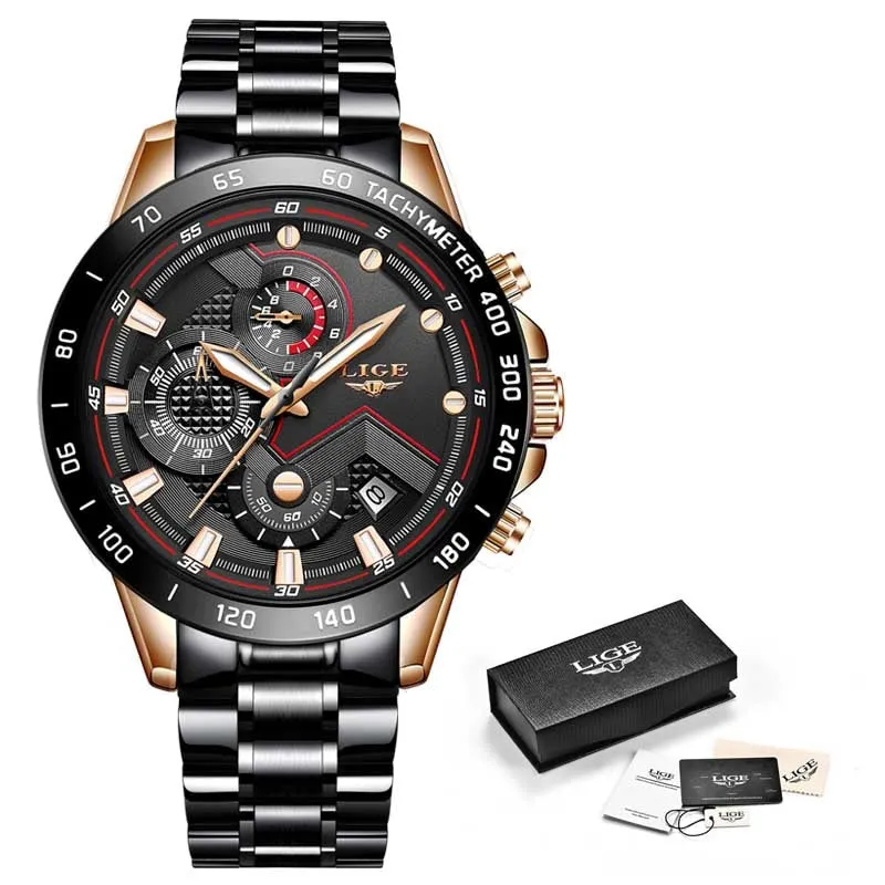 2020 LIGE Fashion Mens Watches Stainless Steel Top Brand Luxury Sport Chronograph Quartz Watch Men Black Watch Relogio Masculino