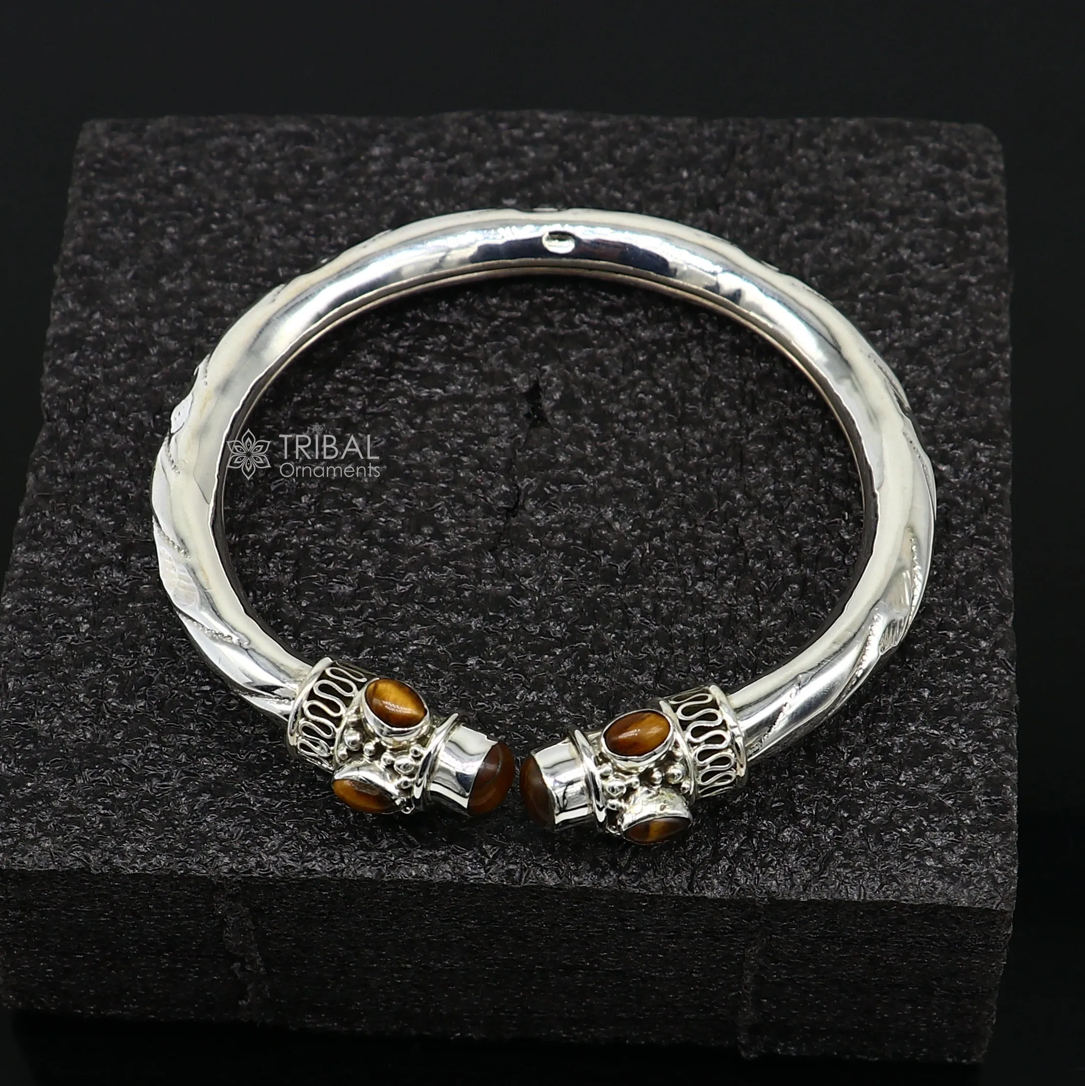 925 sterling silver fabulous tiger eyes stone handmade bangle bracelet kada unisex customized trendy stylish jewelry from india nsk715