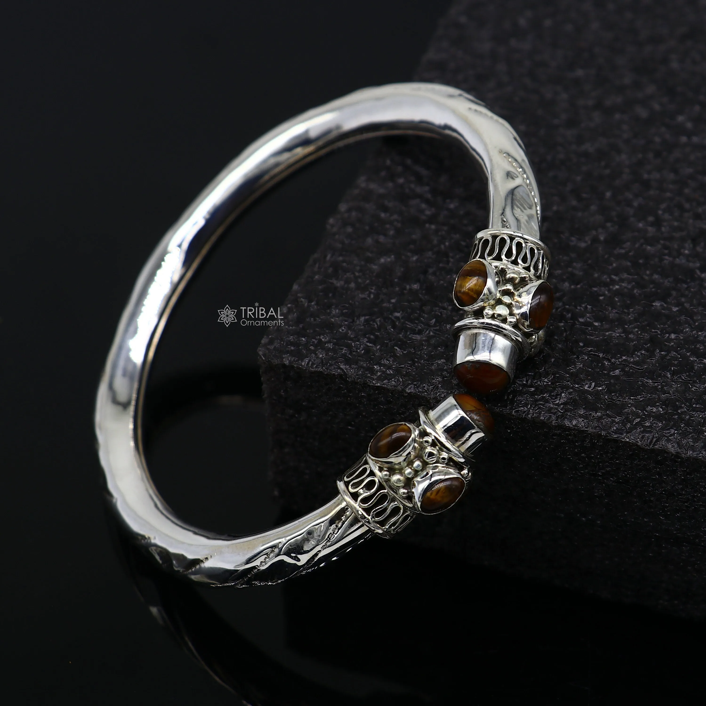 925 sterling silver fabulous tiger eyes stone handmade bangle bracelet kada unisex customized trendy stylish jewelry from india nsk715