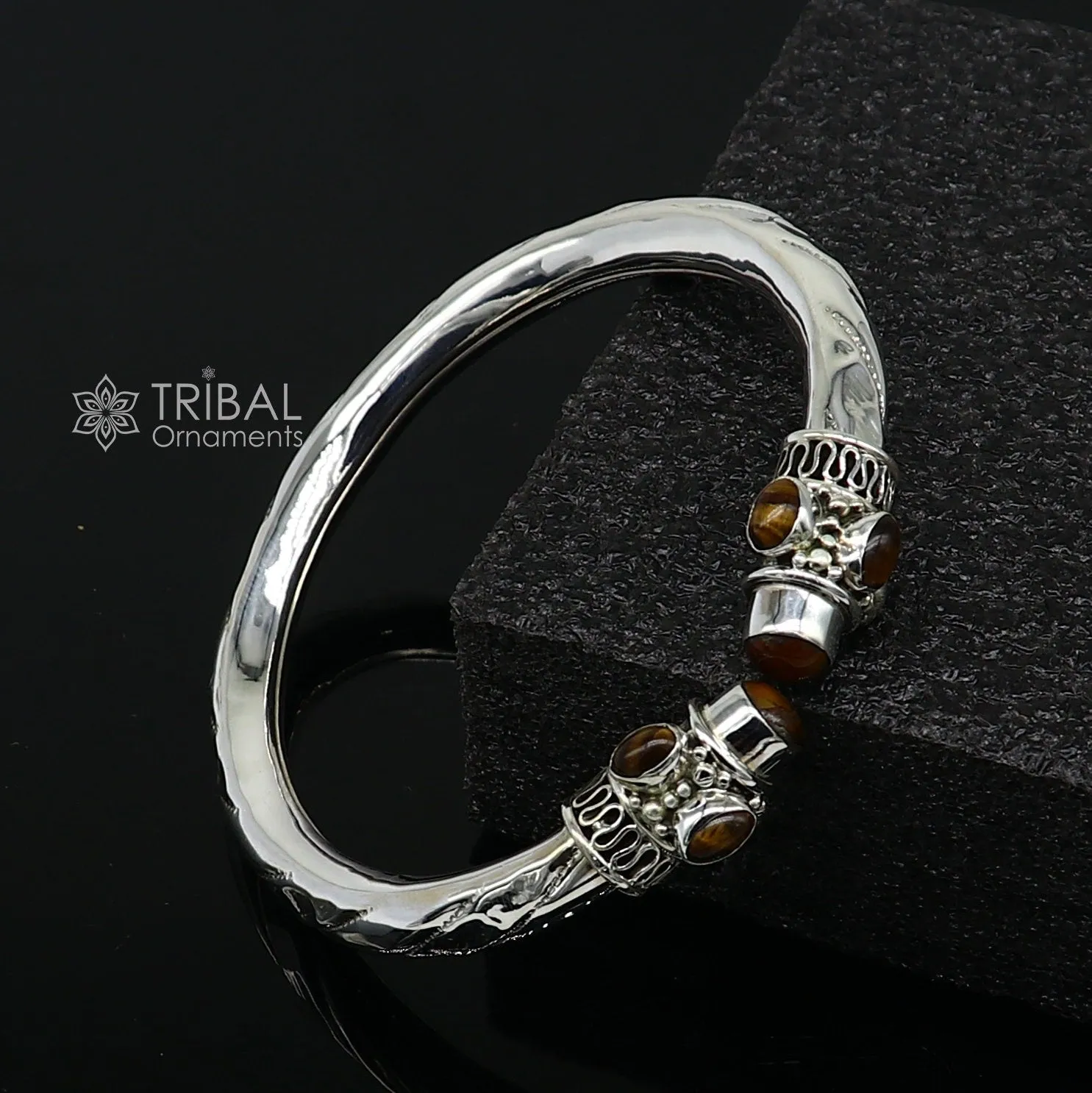 925 sterling silver fabulous tiger eyes stone handmade bangle bracelet kada unisex customized trendy stylish jewelry from india nsk715