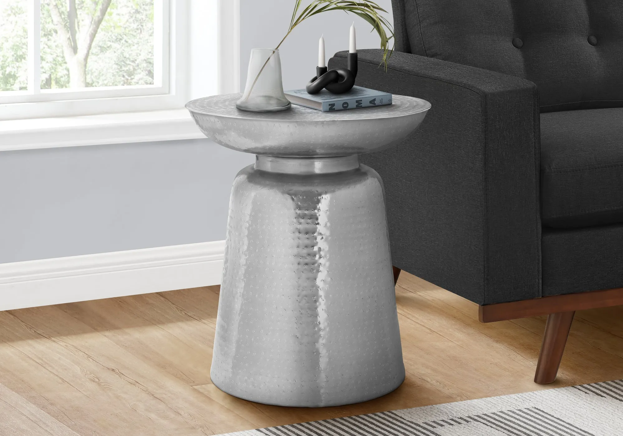 Accent Table, Drum, Side, End, Nightstand, Lamp, Living Room, Bedroom, Chrome Metal, Contemporary, Modern