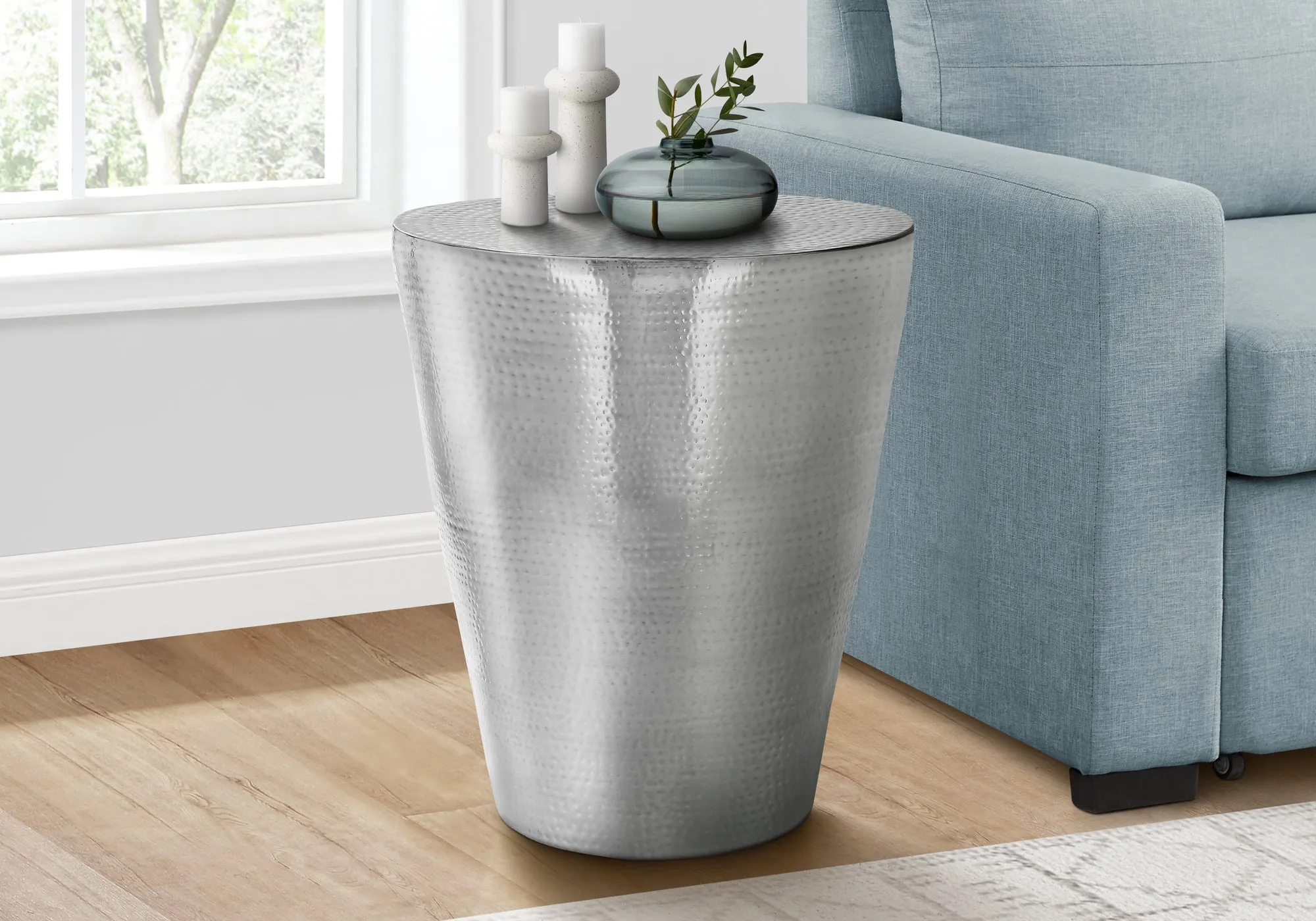 Accent Table, Drum, Side, End, Nightstand, Lamp, Living Room, Bedroom, Chrome Metal, Contemporary, Modern