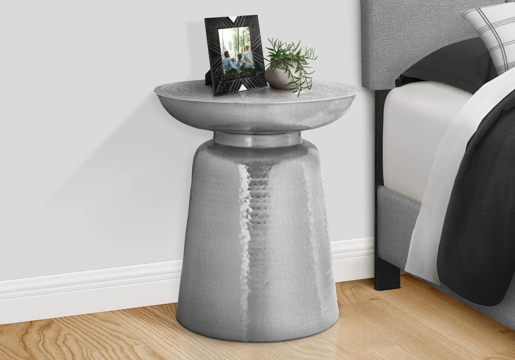 Accent Table, Drum, Side, End, Nightstand, Lamp, Living Room, Bedroom, Chrome Metal, Contemporary, Modern