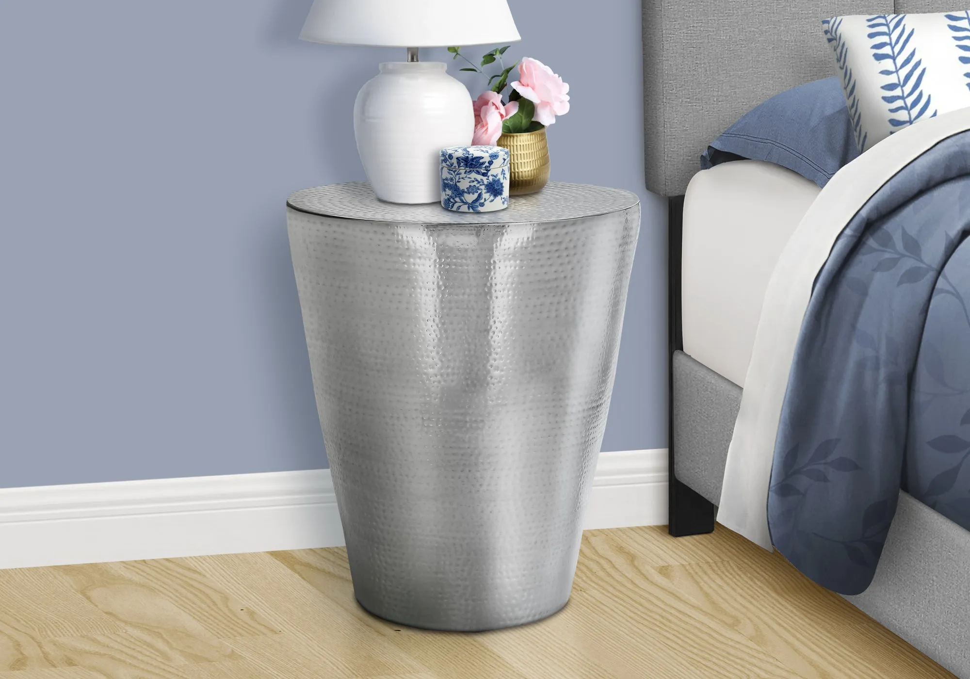 Accent Table, Drum, Side, End, Nightstand, Lamp, Living Room, Bedroom, Chrome Metal, Contemporary, Modern