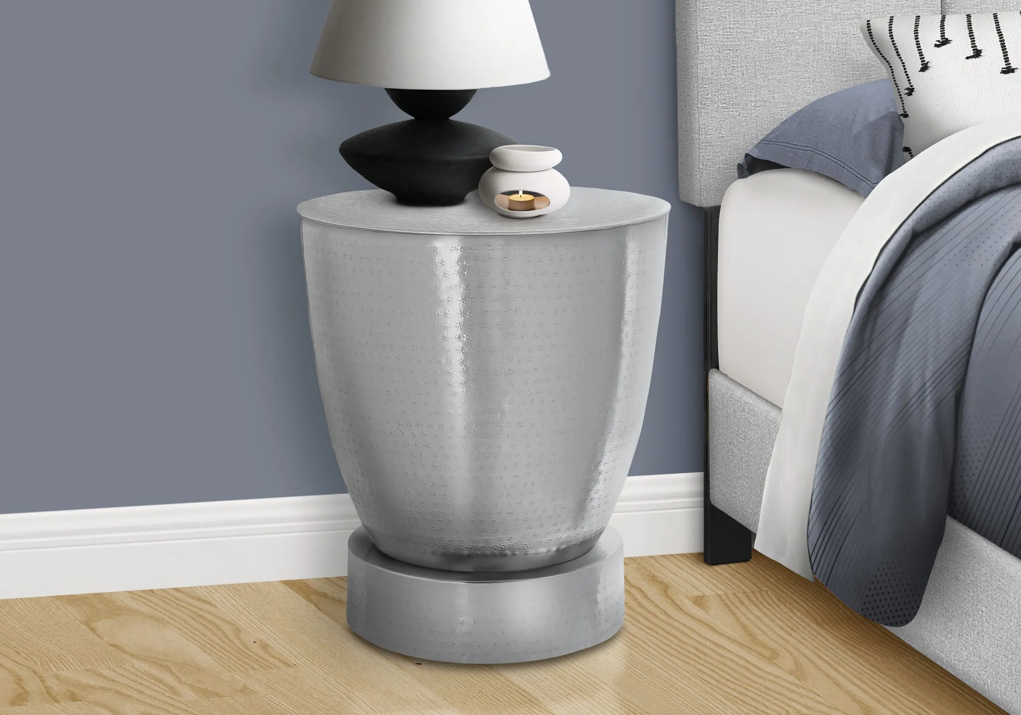 Accent Table, Drum, Side, End, Nightstand, Lamp, Living Room, Bedroom, Chrome Metal, Contemporary, Modern