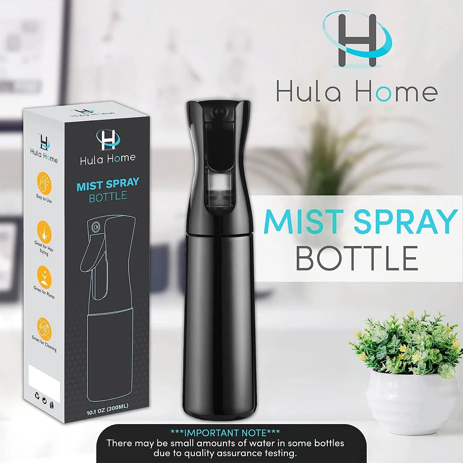 Black Hula Home Continuous Spray Bottle (10.1oz) : Empty Ultra Fine Plastic Water Mist Sprayer for Hairstyling, Cleaning, Salons, Plants, Essential Oil Scents, and More