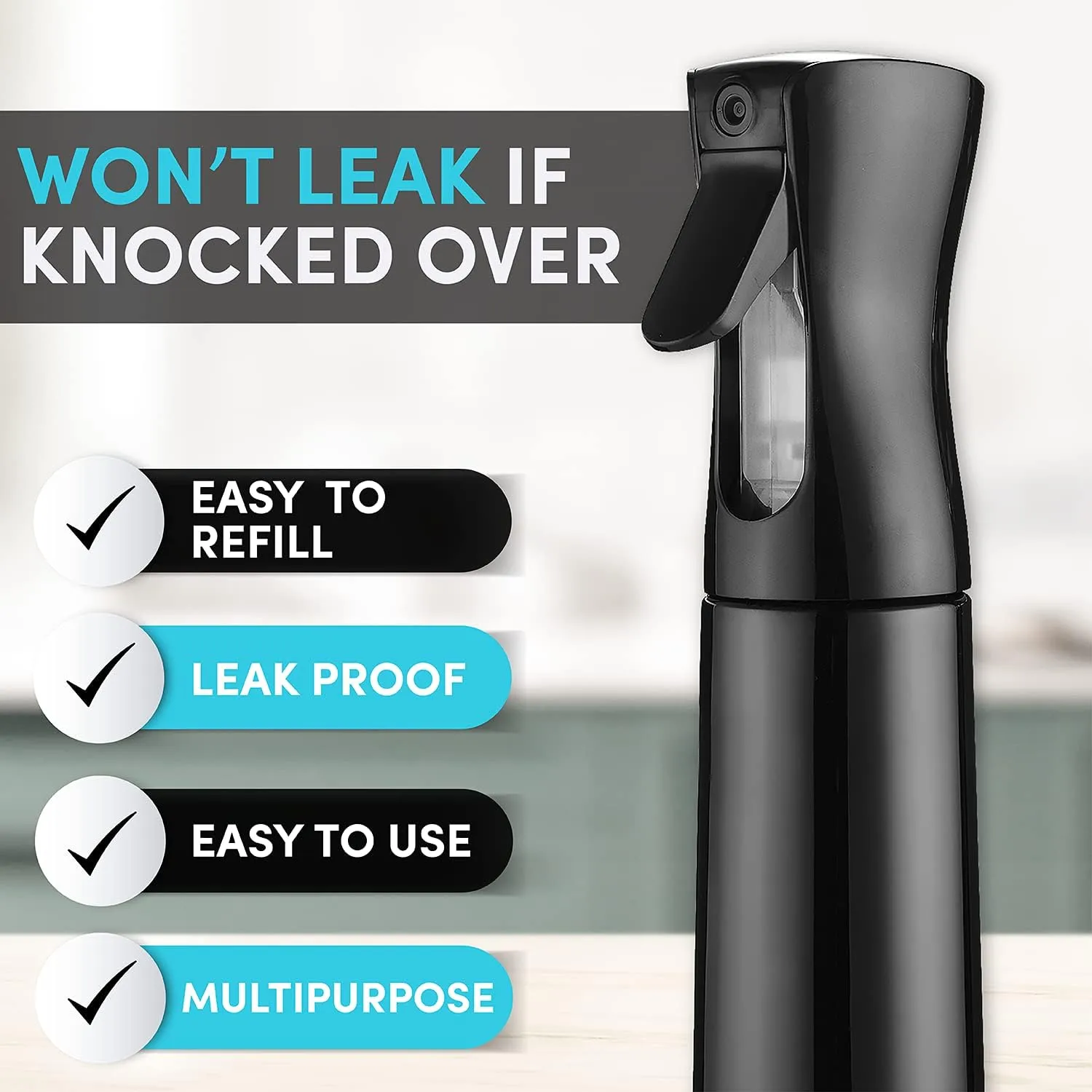Black Hula Home Continuous Spray Bottle (10.1oz) : Empty Ultra Fine Plastic Water Mist Sprayer for Hairstyling, Cleaning, Salons, Plants, Essential Oil Scents, and More