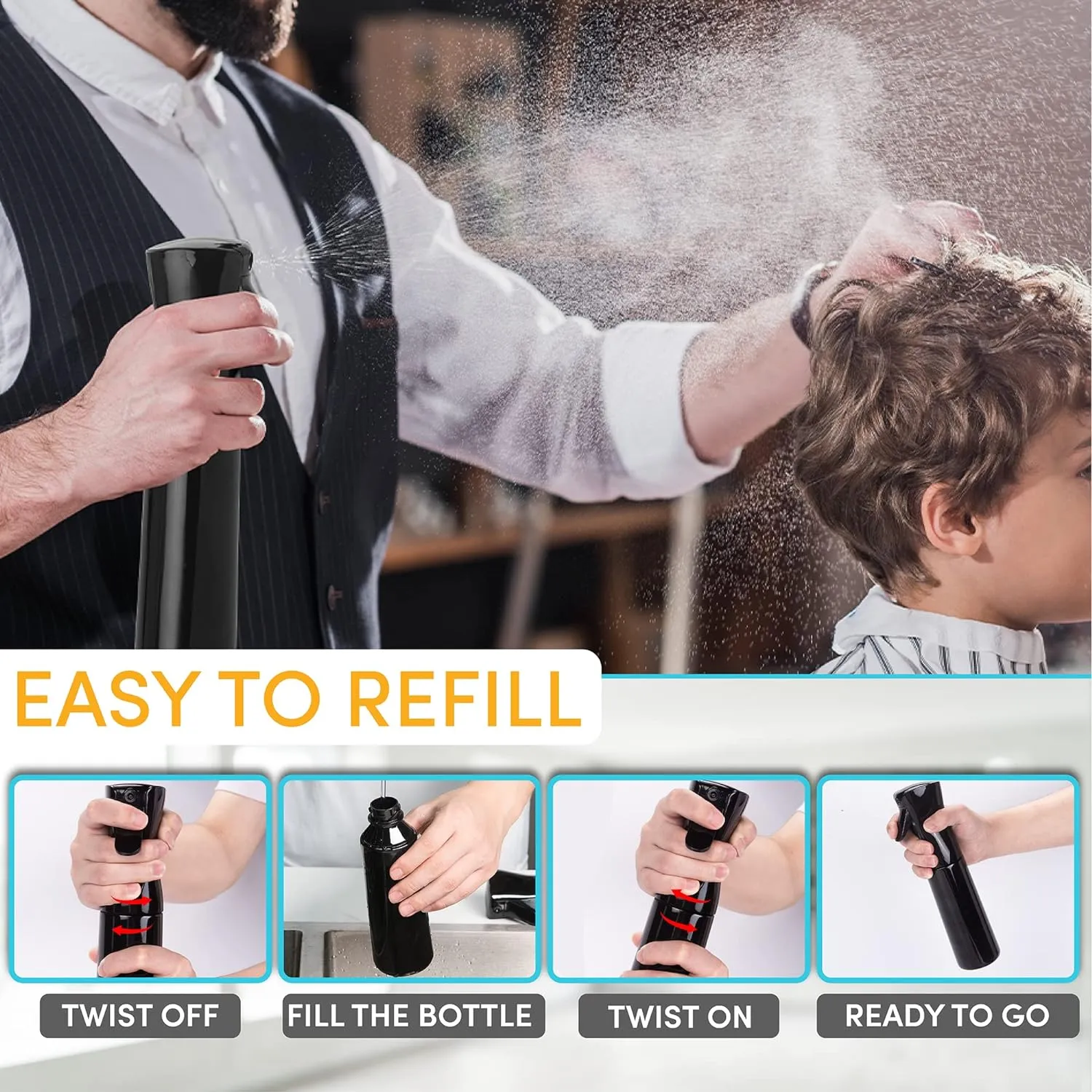 Black Hula Home Continuous Spray Bottle (10.1oz) : Empty Ultra Fine Plastic Water Mist Sprayer for Hairstyling, Cleaning, Salons, Plants, Essential Oil Scents, and More