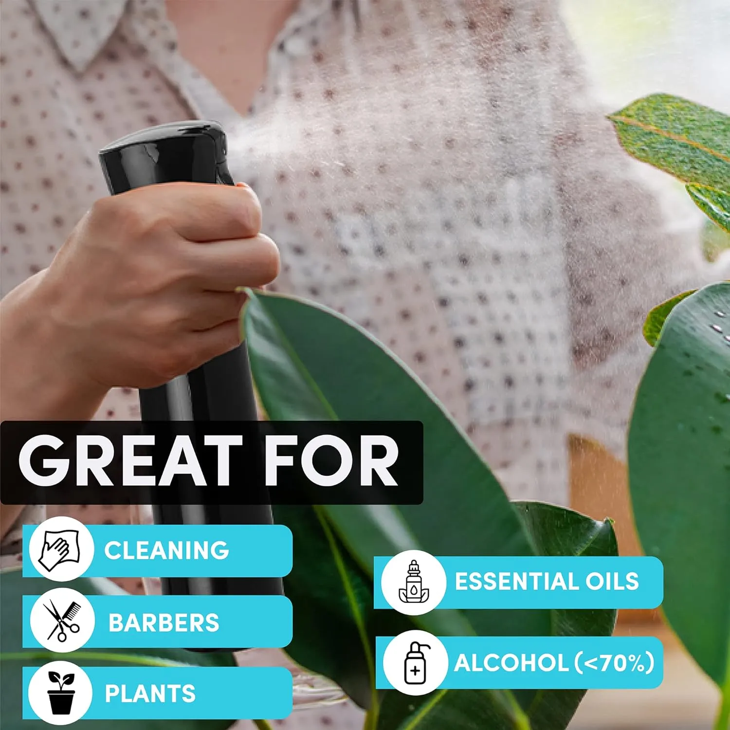 Black Hula Home Continuous Spray Bottle (10.1oz) : Empty Ultra Fine Plastic Water Mist Sprayer for Hairstyling, Cleaning, Salons, Plants, Essential Oil Scents, and More