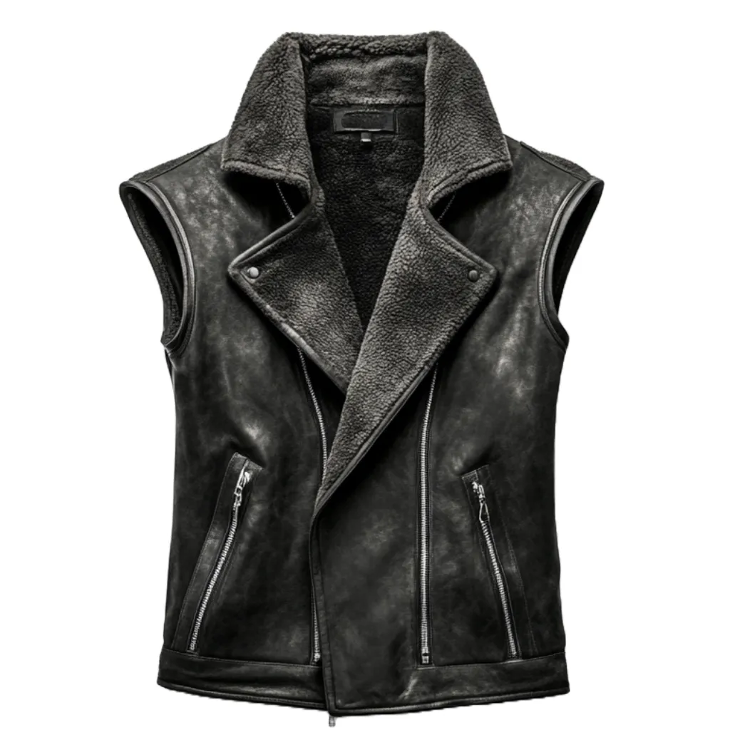 Black Shearling Leather Motorcycle Vest - Made from Premium Leather | El Zoro