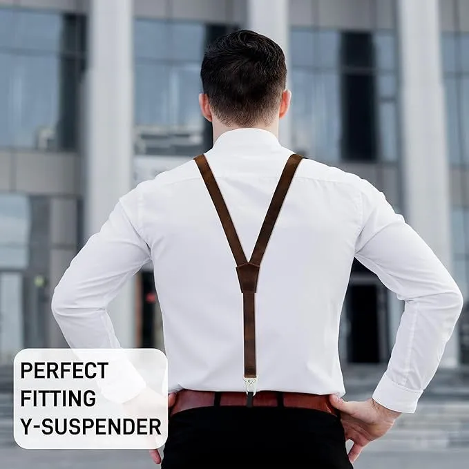 Calvin Crazy Horse Genuine Leather Adjustable Suspenders For Men