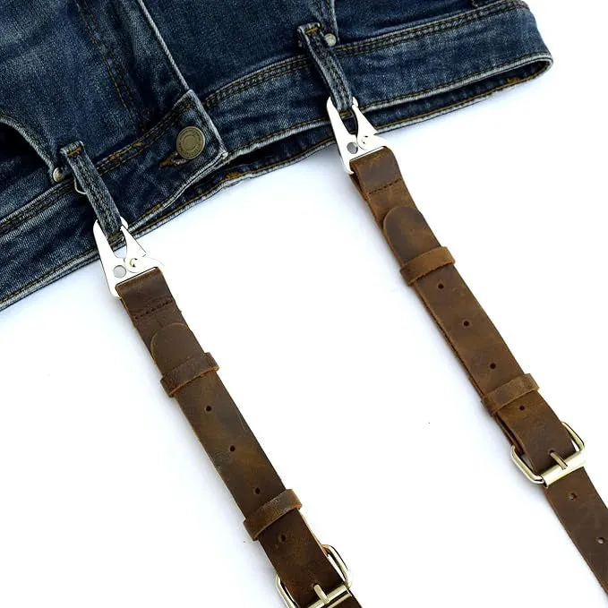 Calvin Crazy Horse Genuine Leather Adjustable Suspenders For Men