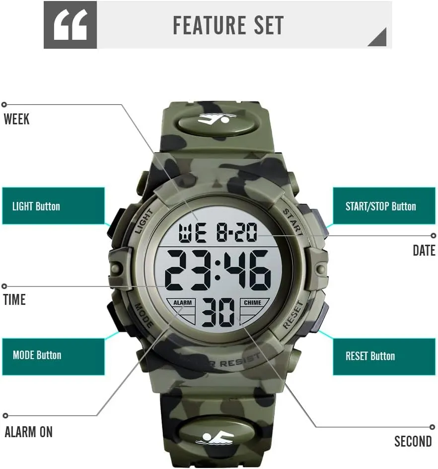 Dayllon Kids Digital Watch Boys Outdoor Sports 50M Waterproof Girls Watches Alarm Clock 12/24 H Stopwatch Calendar for Ages 3-15 Boy Girl Wristwatch Kids Gift
