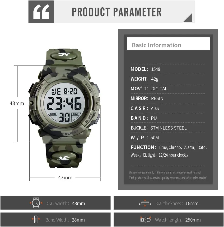Dayllon Kids Digital Watch Boys Outdoor Sports 50M Waterproof Girls Watches Alarm Clock 12/24 H Stopwatch Calendar for Ages 3-15 Boy Girl Wristwatch Kids Gift