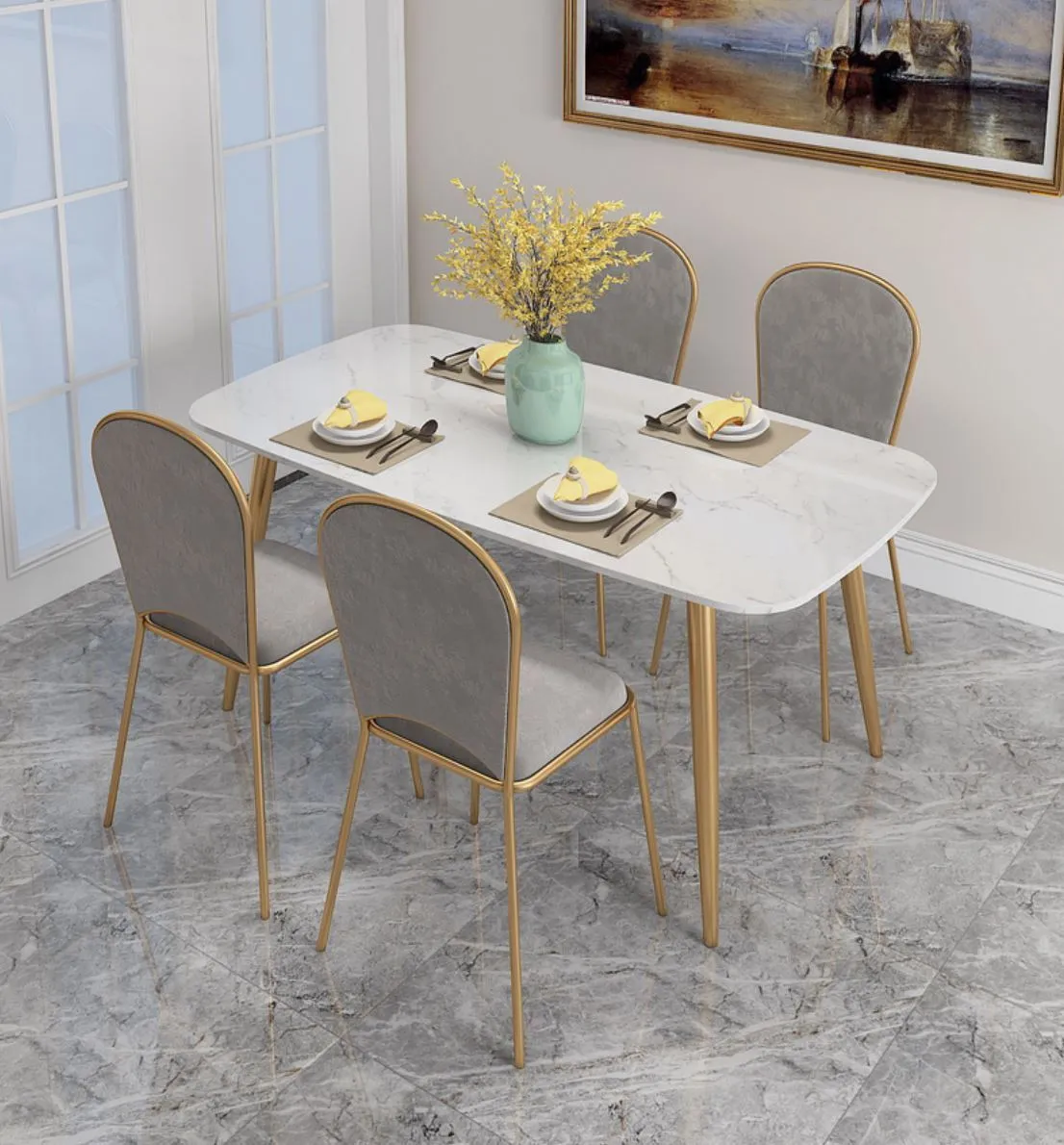 ELIZABETH Modern Minimalist Marble Gold Dining Table