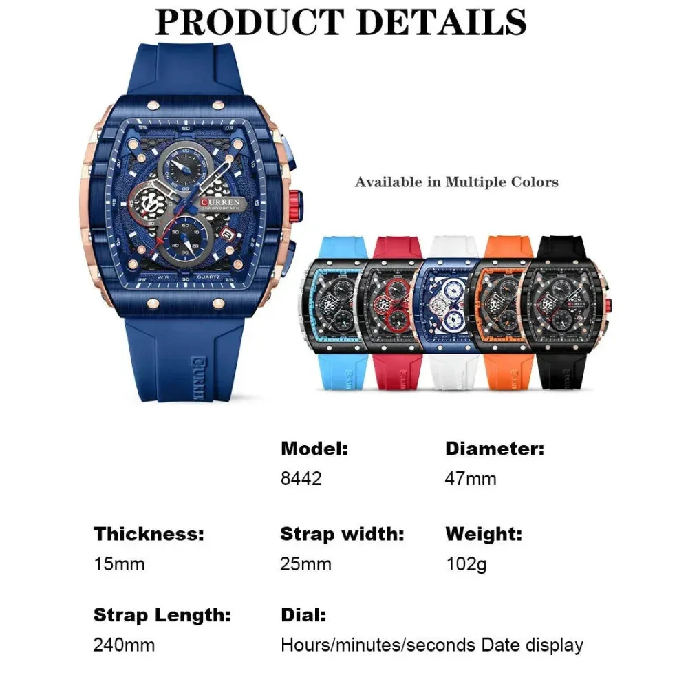 Fashion Sports Watches with Large Dial Unique Rectangular Hollow Design Quartz Wristwatches with Chrongraph Auto Date