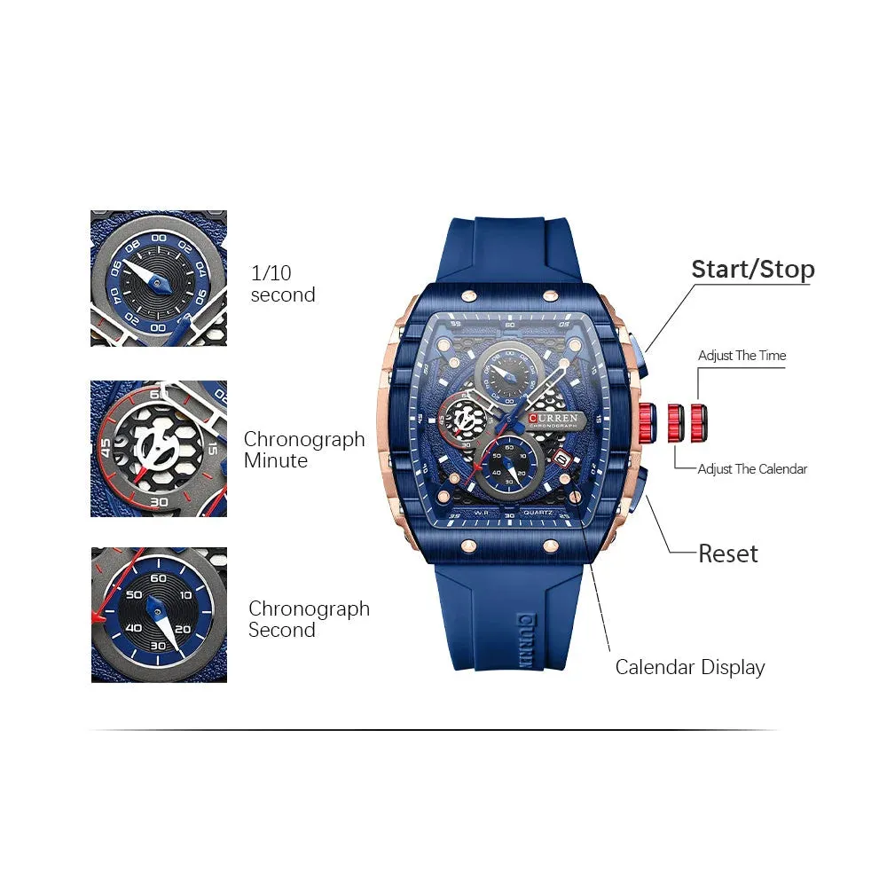 Fashion Sports Watches with Large Dial Unique Rectangular Hollow Design Quartz Wristwatches with Chrongraph Auto Date