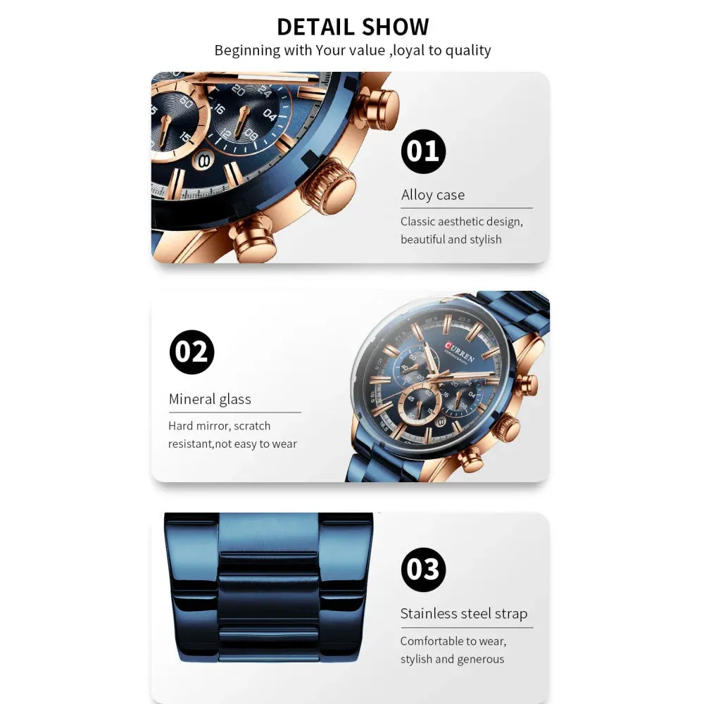 Fashion Watches with Stainless Steel Sports Chronograph Quartz Watch Men