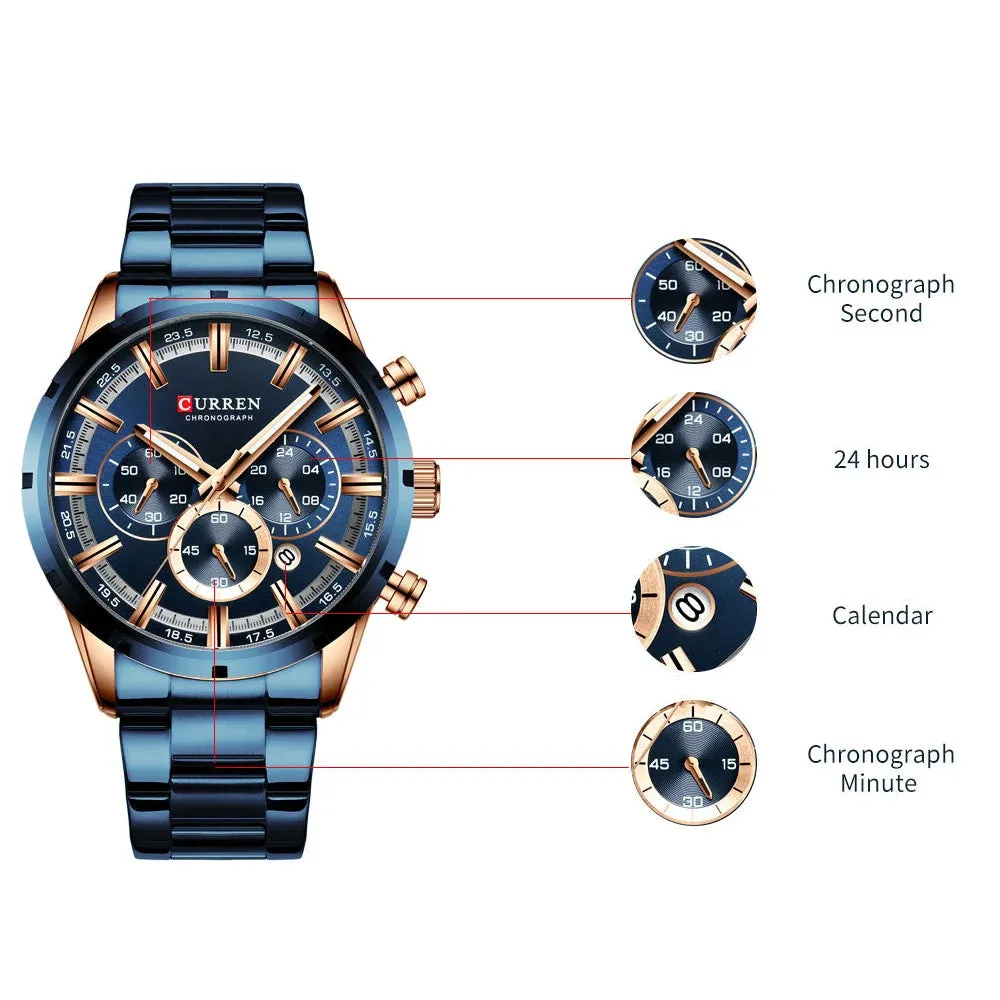 Fashion Watches with Stainless Steel Sports Chronograph Quartz Watch Men