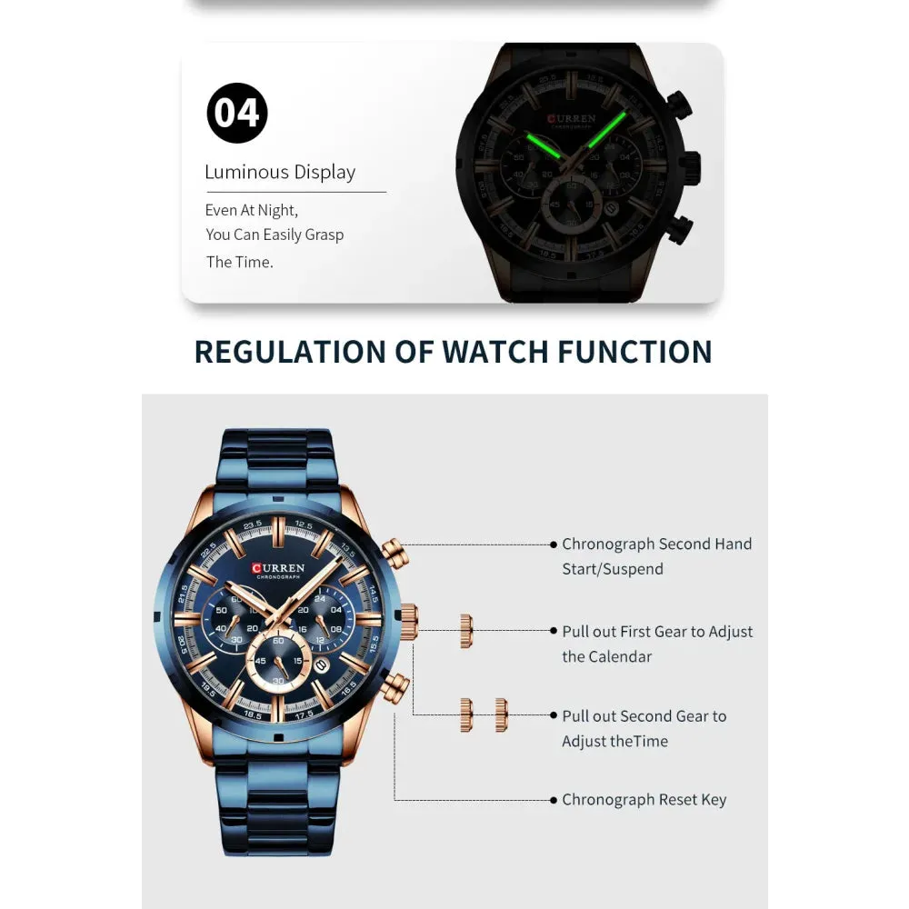 Fashion Watches with Stainless Steel Sports Chronograph Quartz Watch Men