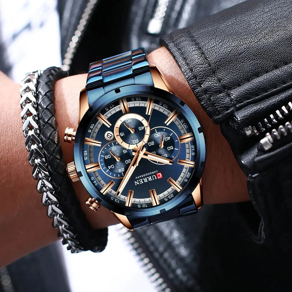 Fashion Watches with Stainless Steel Sports Chronograph Quartz Watch Men