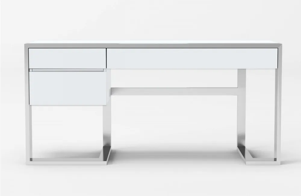 Flint - Modern White High Gloss & Stainless Steel Desk