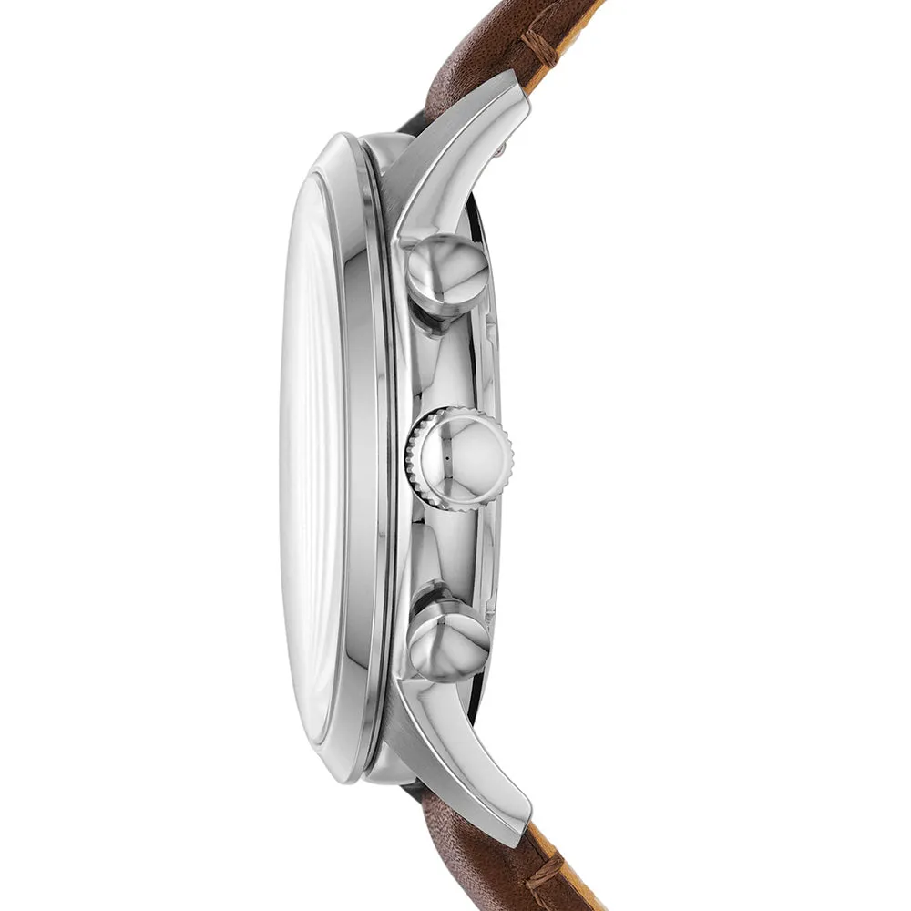 Fossil Men's Townsman Chronograph Stainless Watch - Brown Leather Strap - Black Dial - FS4873