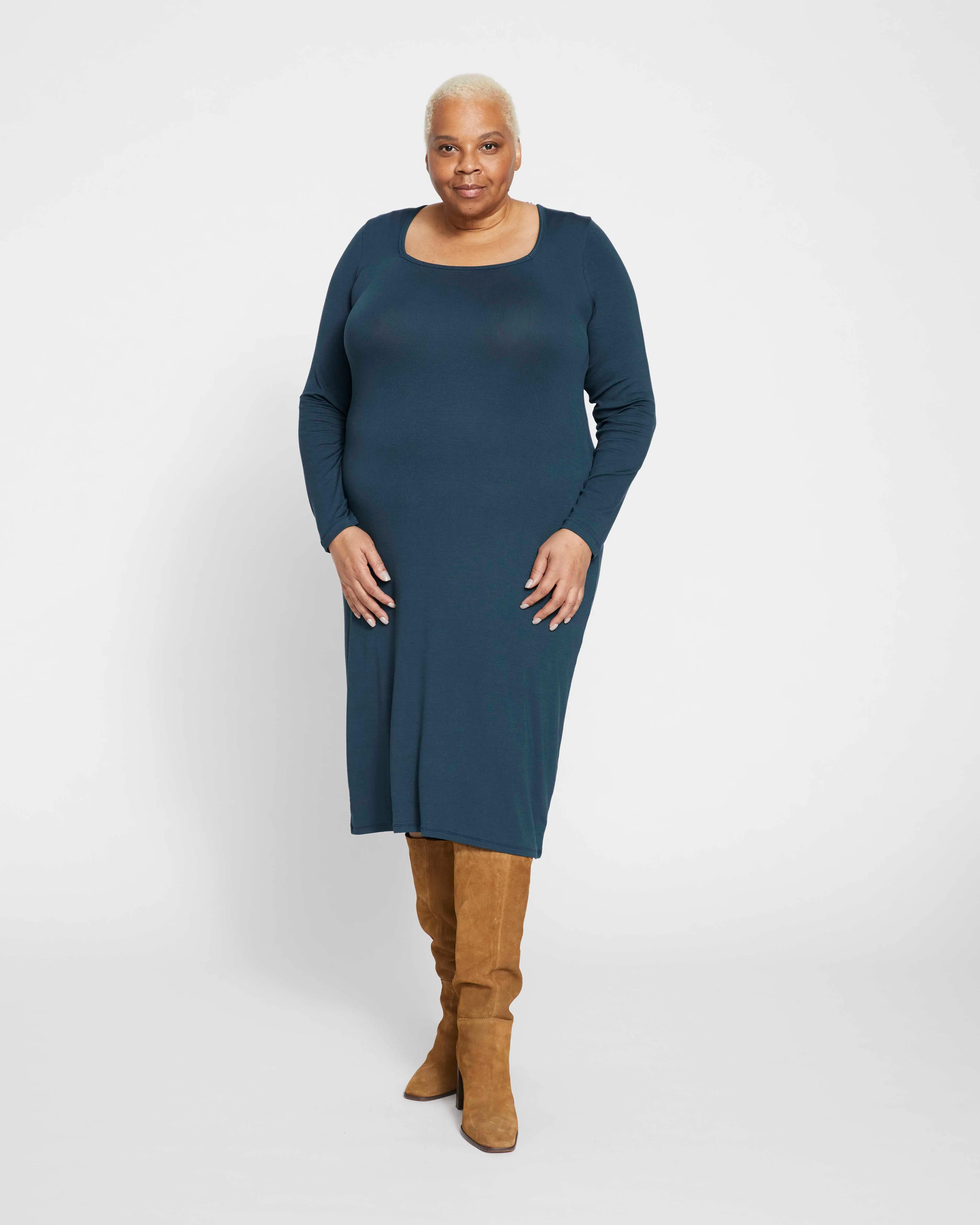 Foundation Long Sleeve Square Neck Dress - Deep Sea