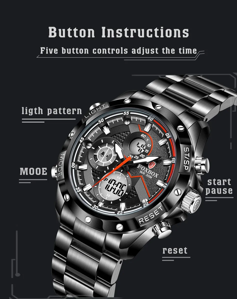 Foxbox Sport Mens Watches Top Brand Luxury Dual Display Quartz Watch For Men Military Waterproof Digital Electronic Watch