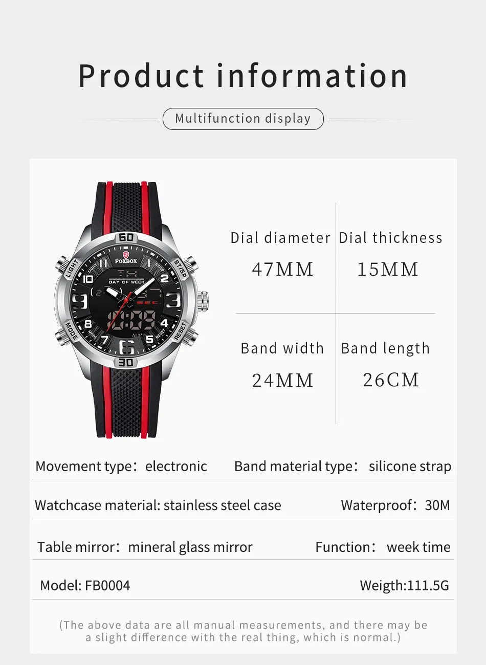 Foxbox Sport Mens Watches Top Brand Luxury Dual Display Quartz Watch For Men Military Waterproof Digital Electronic Watch