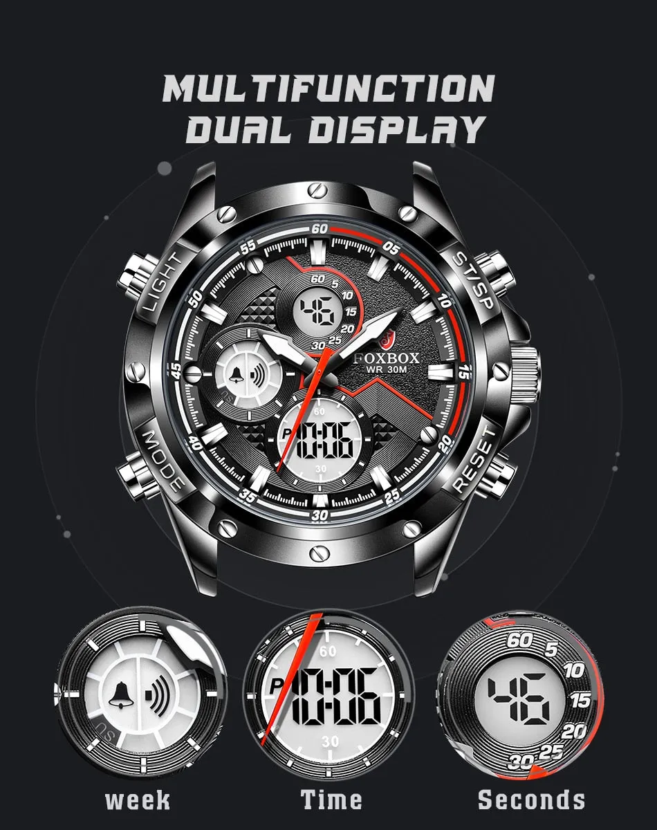 Foxbox Sport Mens Watches Top Brand Luxury Dual Display Quartz Watch For Men Military Waterproof Digital Electronic Watch