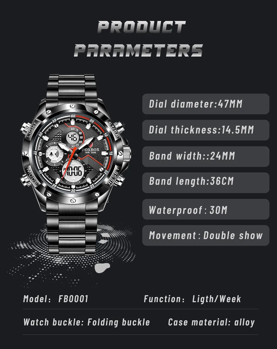 Foxbox Sport Mens Watches Top Brand Luxury Dual Display Quartz Watch For Men Military Waterproof Digital Electronic Watch