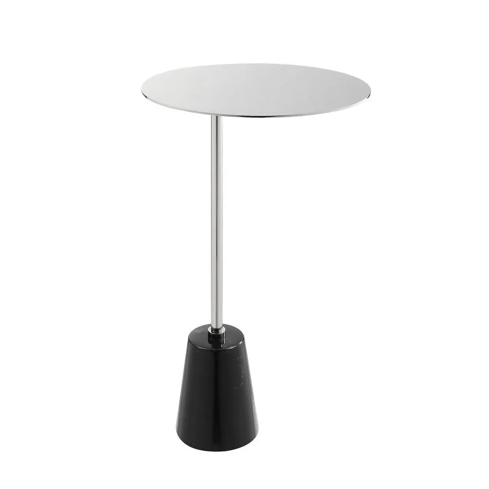 Frank 21 Inch Side End Table, Oval Chrome Steel Top, Genuine Marble Base By Casagear Home