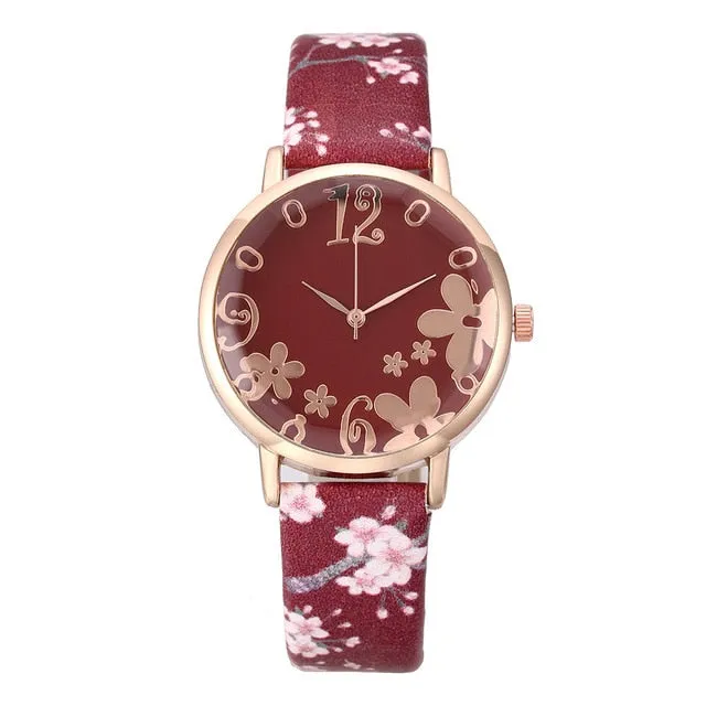Girl Luxury Watch Women New Fashion Embossed Flowers Small Fresh Printed Belt Dial Watch Female Student Quartz Watch relogio *A