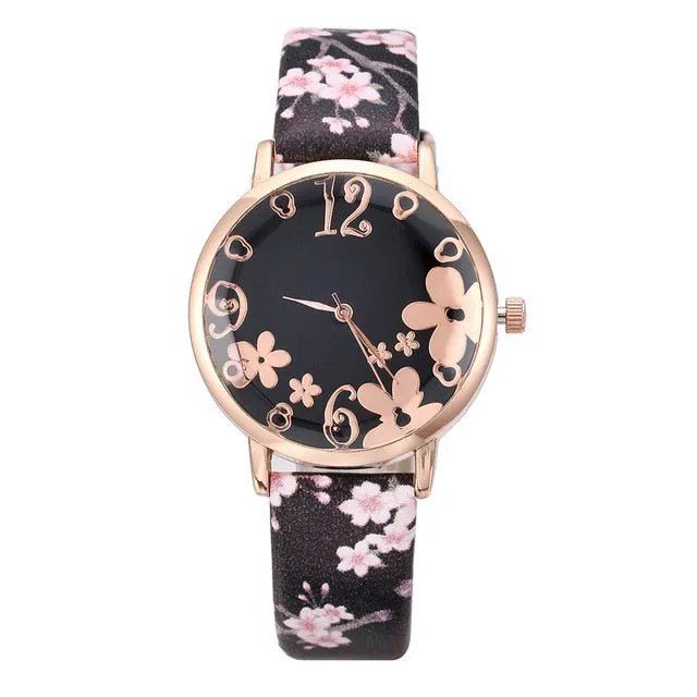 Girl Luxury Watch Women New Fashion Embossed Flowers Small Fresh Printed Belt Dial Watch Female Student Quartz Watch relogio *A