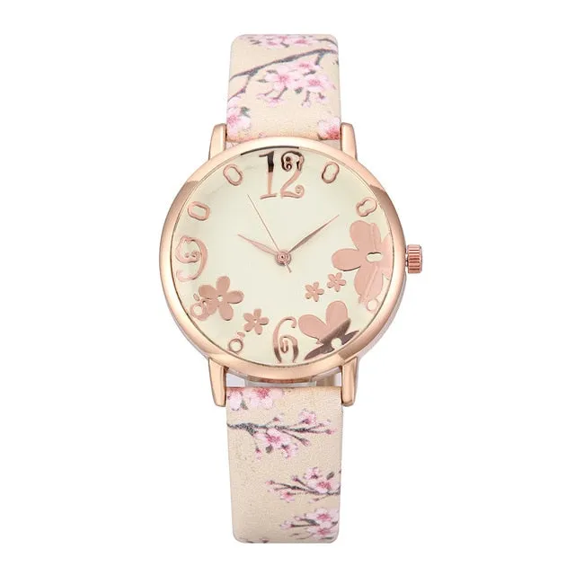 Girl Luxury Watch Women New Fashion Embossed Flowers Small Fresh Printed Belt Dial Watch Female Student Quartz Watch relogio *A
