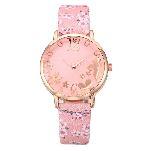 Girl Luxury Watch Women New Fashion Embossed Flowers Small Fresh Printed Belt Dial Watch Female Student Quartz Watch relogio *A