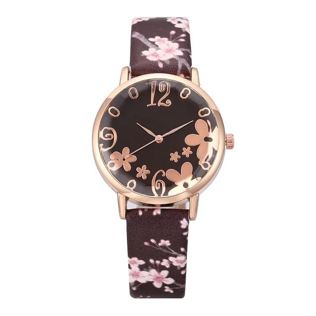 Girl Luxury Watch Women New Fashion Embossed Flowers Small Fresh Printed Belt Dial Watch Female Student Quartz Watch relogio *A