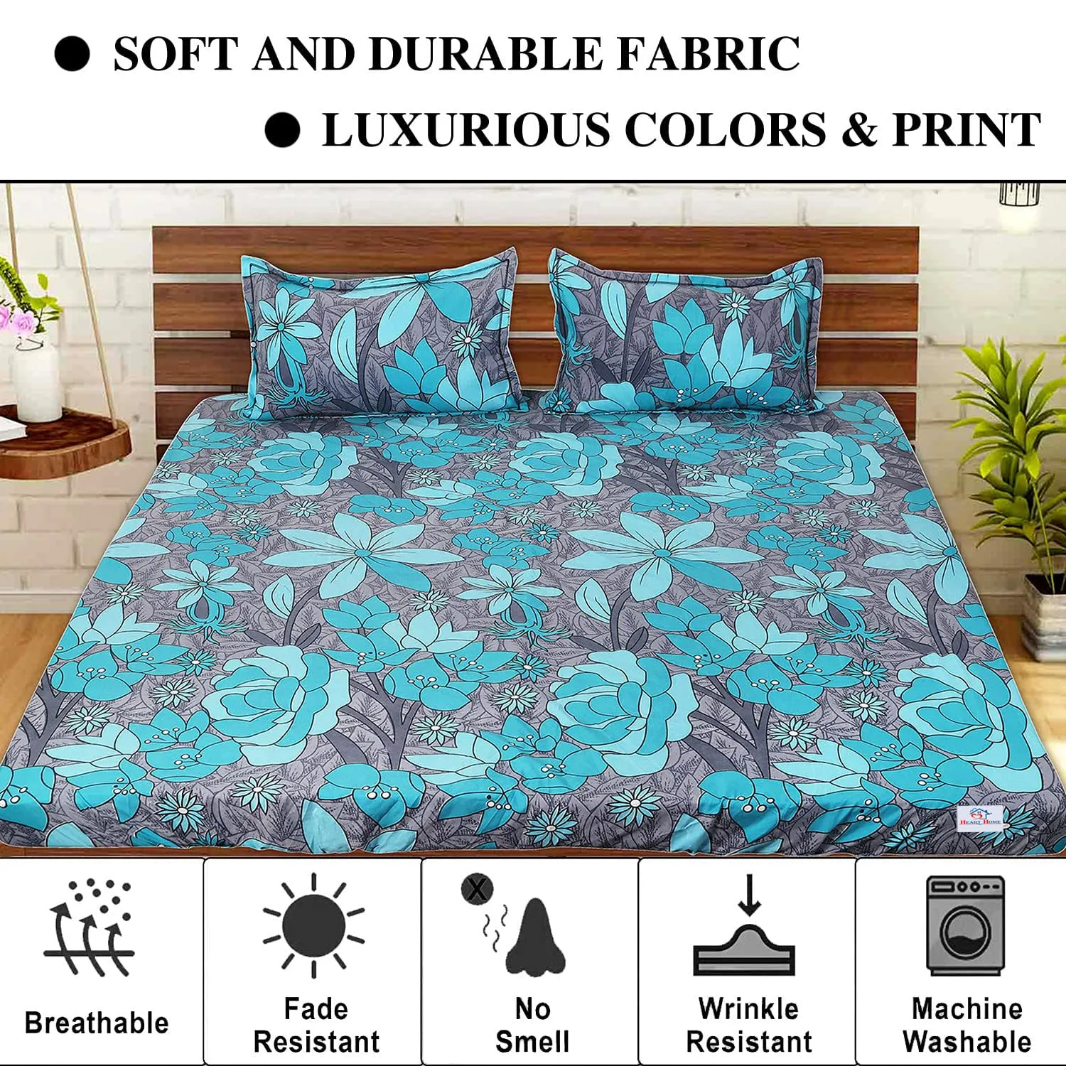 Heart Home Fitted Double Bedsheet|Glace Cotton Flower Print Bedsheet with 2 Pillow Covers for Living Room|Bedroom|6x6 Feet (Green)