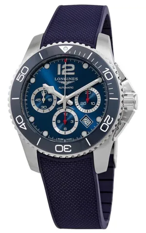 Longines HydroConquest Automatic Chronograph Stainless Steel Blue Dial Blue Rubber Strap Date Divers Mens Watch L3.883.4.96.9