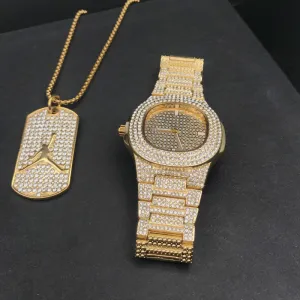 Luxury Gold hip hop jewelry stylish watch &amp bracelet &amp Necklace Combo Set Watch Diamond Men hip hop chain necklace
