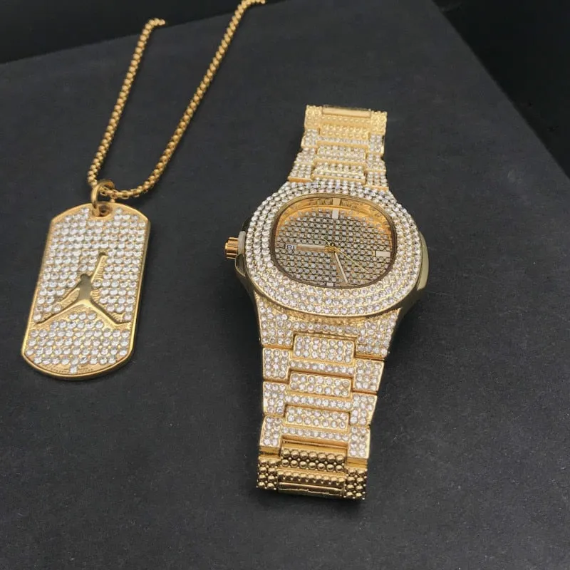 Luxury Gold hip hop jewelry stylish watch &amp bracelet &amp Necklace Combo Set Watch Diamond Men hip hop chain necklace