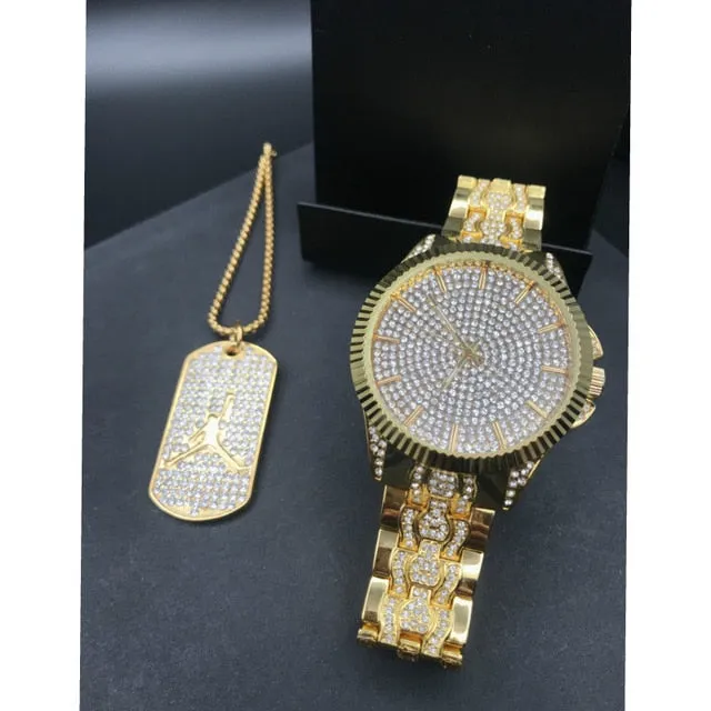 Luxury Gold hip hop jewelry stylish watch &amp bracelet &amp Necklace Combo Set Watch Diamond Men hip hop chain necklace