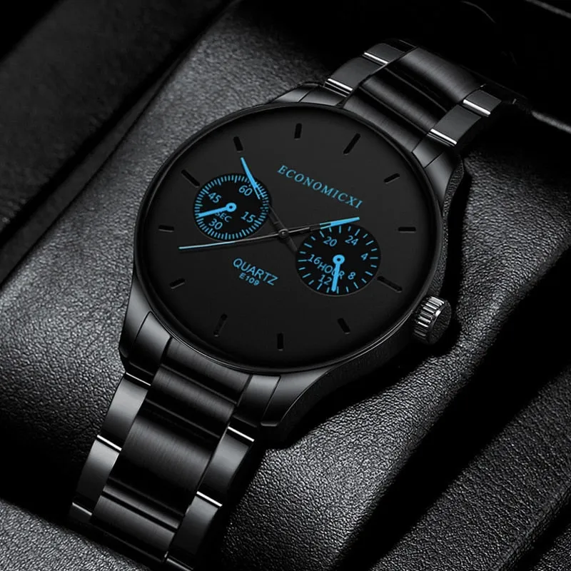 Men Watches Blue Pointer Casual Fashion Stainless Steel Strap.