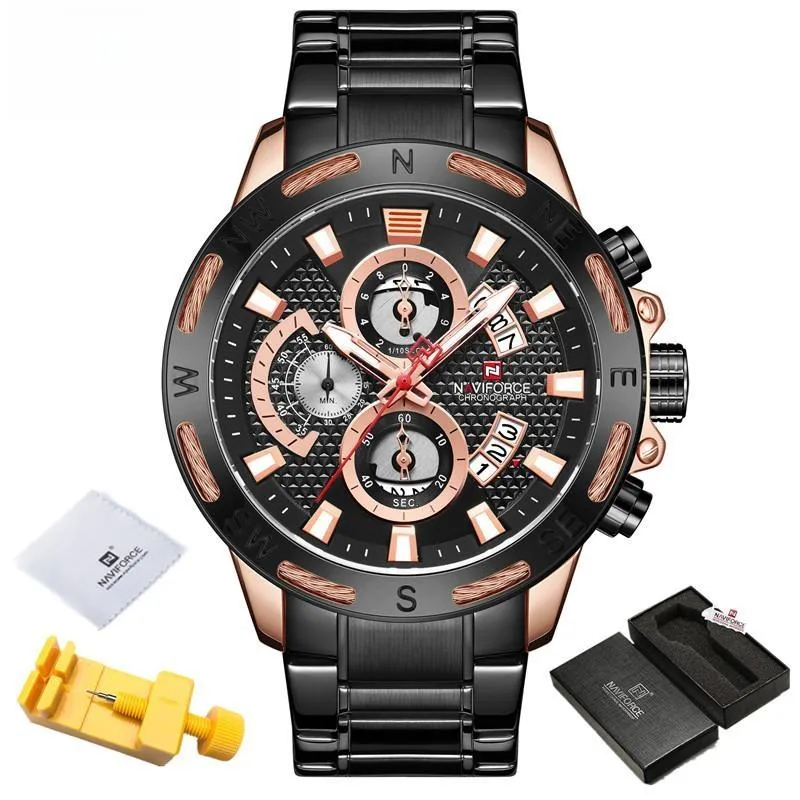 Men's Golden Dial Chronograph Quartz Watches Fashion Waterproof Stainless Steel Wristwatches