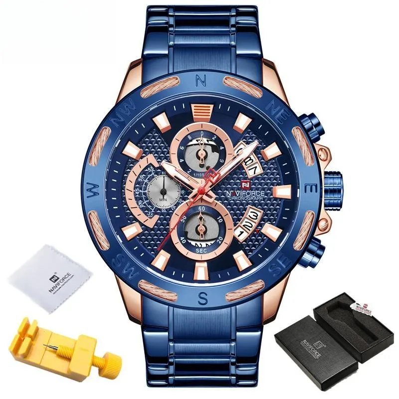 Men's Golden Dial Chronograph Quartz Watches Fashion Waterproof Stainless Steel Wristwatches