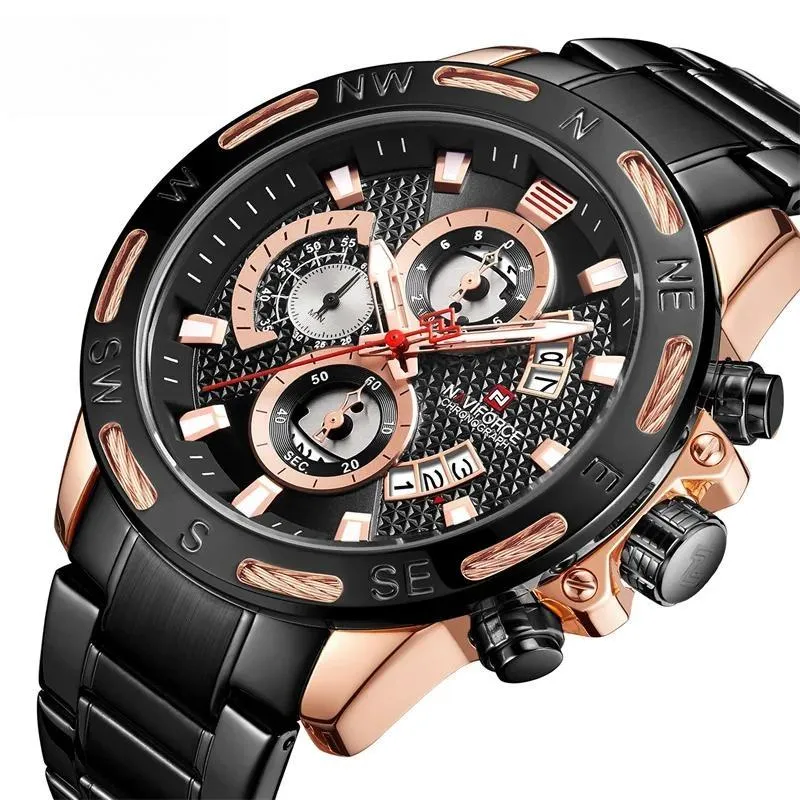 Men's Golden Dial Chronograph Quartz Watches Fashion Waterproof Stainless Steel Wristwatches